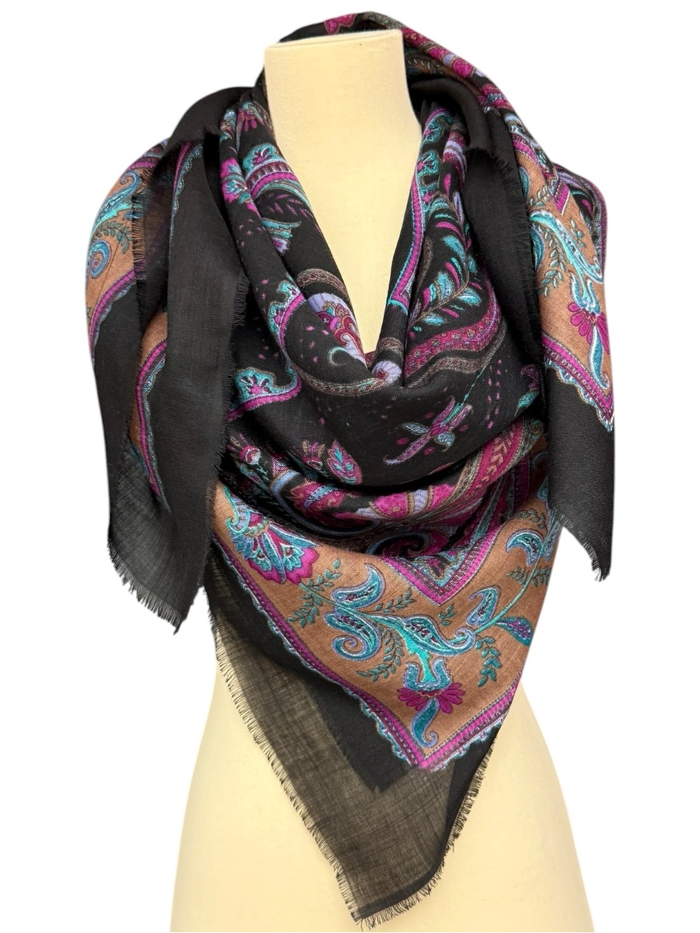 Vintage Lord & Taylor Black Paisley Large Wool Shawl Scarf Black, Fuchsia & Teal